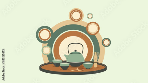 Minimalist Japanese Tea Ceremony Illustration, Featuring Kettle, Cups, And Wooden Elements