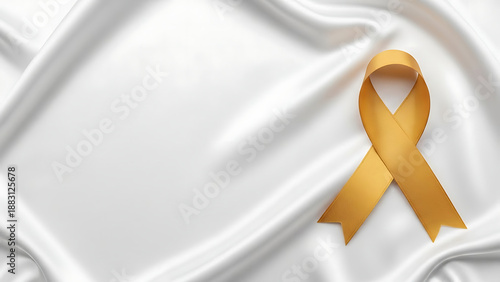 Golden awareness ribbon on white satin fabric background for cancer support and donation campaigns gold charity hope health