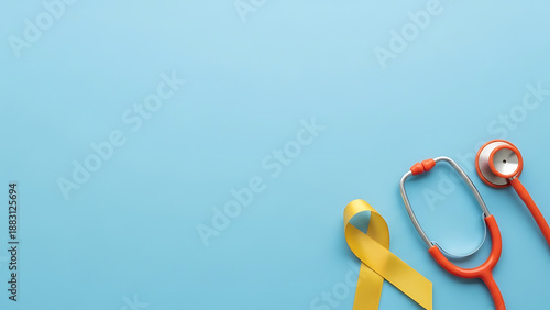 Stethoscope and yellow ribbon on blue background for medical awareness health doctor nurse hospital care wellness checkup examination