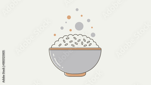 Minimalist Illustration of Steaming Rice Bowl with Floating Decorative Orbs