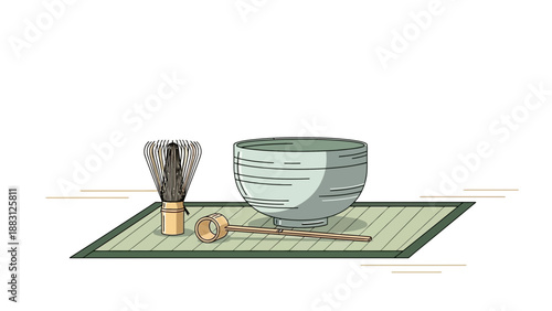 Minimalist Japanese Tea Ceremony Set Illustration on Green Mat Against White Background