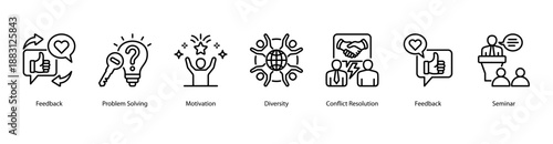 Workplace Motivation web banner vector illustration featuring Feedback, Problem Solving, Motivation, Diversity, Conflict Resolution, Feedback, and Seminar.