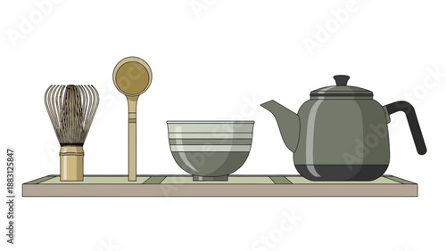 Minimalist Japanese Tea Ceremony Set On A Shelf, Simple Design and Clear Style