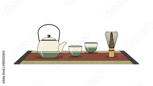 Minimalist Japanese Tea Ceremony Set on a Decorative Mat, Flat Illustration