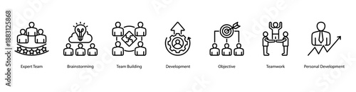 Team Development web banner vector illustration featuring Expert Team, Brainstorming, Team Building, Development, Objective, Teamwork, and Personal Development.