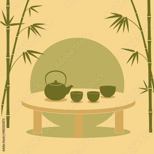 Minimalist Japanese Tea Ceremony: Tranquil Still Life with Bamboo and Teaware Arrangement