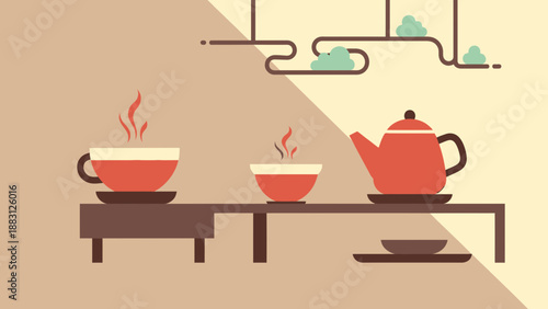 Minimalist Illustration of Tea Ceremony with Cups, Bowls, and a Teapot in a Calm Setting