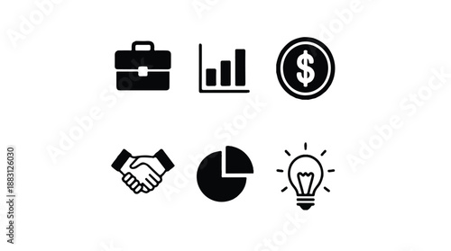 Six distinct icons, each representing a different concept. Starting from the top-left, there's a briefcase symbolizing business or work. Next to it, there's a bar chart indicating growth or performa