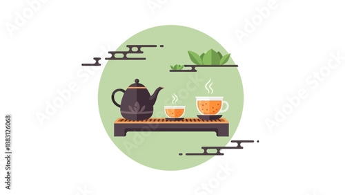 Minimalist Illustration of Tea Ceremony with Teapot and Cups on a Wooden Tray