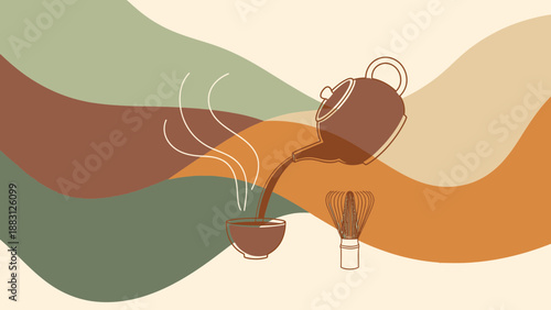 Minimalist Illustration of Tea Ceremony, Japanese Culture, Artistic Composition