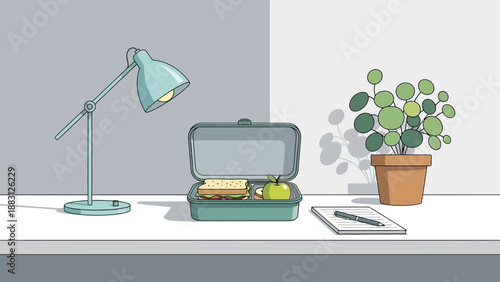 Minimalist Lunchtime Still Life with Plant, Sandwich and Stationery on a Desk