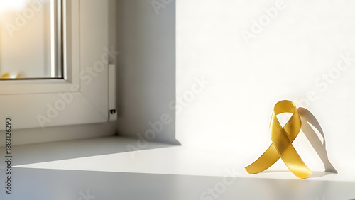 Golden awareness ribbon on a windowsill with natural light shining in gold cancer support hope illness health window