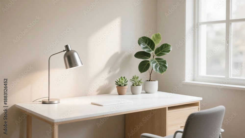 Fototapeta premium Minimalist home office workspace with wooden desk, modern lamp and green plants in natural light. Clean interior design promoting calm, productivity and modern lifestyle.