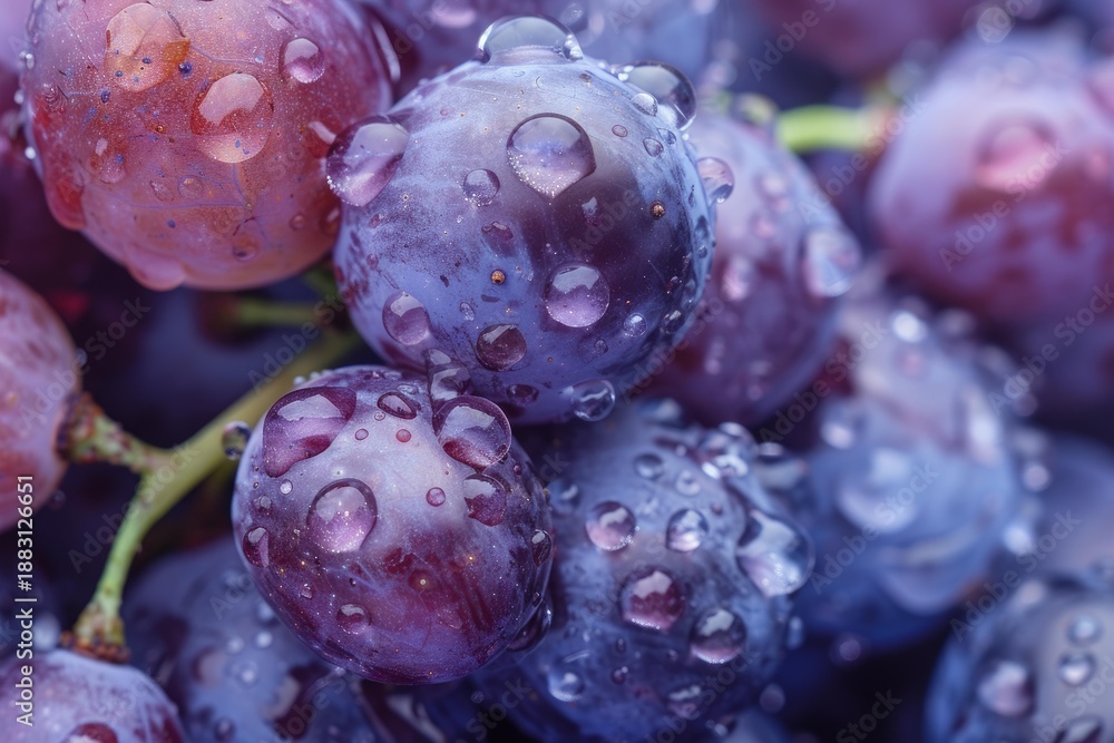 Fototapeta premium Close up of ripe purple grapes covered with water droplets, creating a fresh and vibrant image