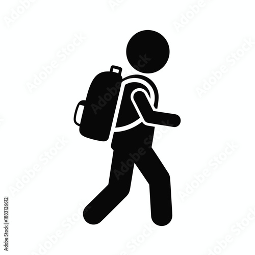 A simple black silhouette icon of a person walking and carrying a backpack on their back