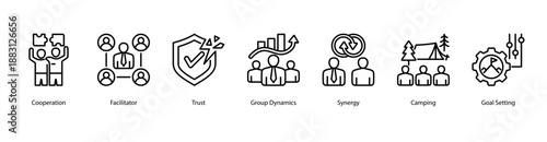 Group Synergy web banner vector illustration featuring Cooperation, Facilitator, Trust, Group Dynamics, Synergy, Camping, and Goal Setting.