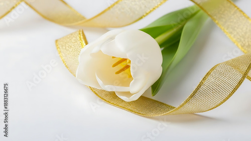 White tulip with gold ribbon on white background elegant floral arrangement flower beautiful delicate green leaves stem closeup