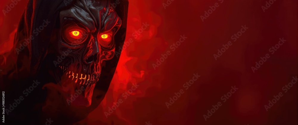 Fototapeta premium Detailed portrait of a grim reaper wearing a carnival costume, with fire flames in the eyes and creepy teeth, set on a dark glowing red flame background for Halloween