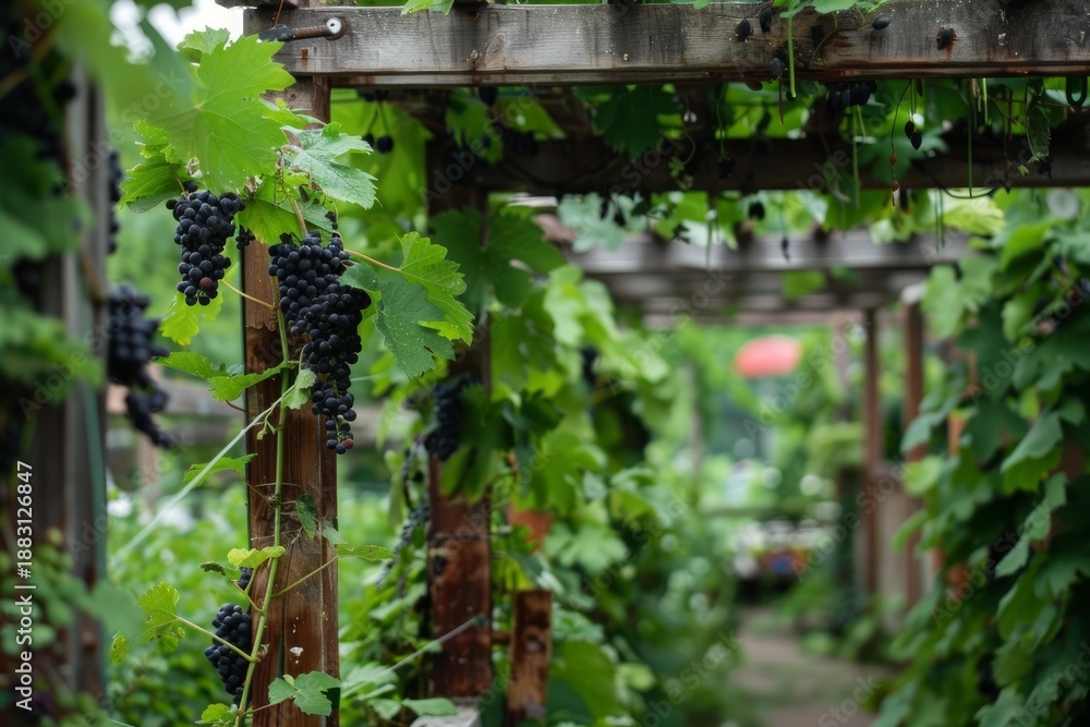 Obraz premium Ripe black grapes growing in vineyard, hanging from wooden structure, creating a natural shaded pathway