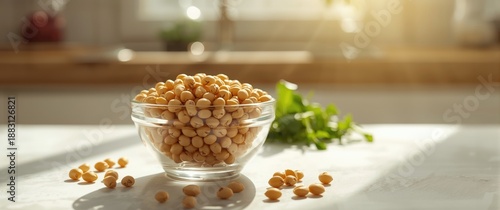 Organic soy (Glycine max) grains displayed in a glass bowl, a source of fiber, protein, iron, calcium, and zinc, exported as commodities