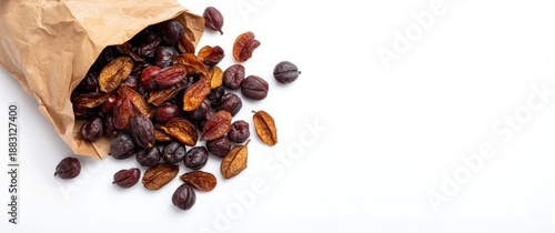 Top view of a paper bag filled with tasty dried plums (prunes) against a white background, food and health concept, summer, isolated on table, black fruit, white surface