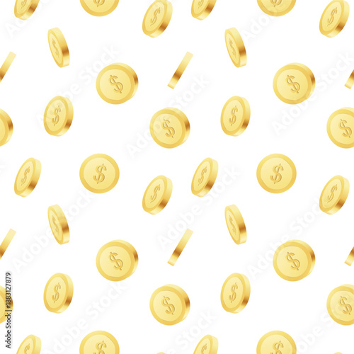A seamless pattern of gold dollar coins on white background. Set of icons of gold coins rotating in different angles for animation. Set of gold coins. 3D vector illustration.