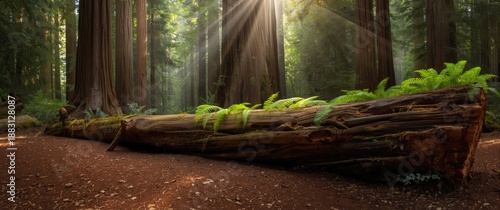 Sequoia sempervirens fallen trunk with ferns at Founders Grove, Humboldt Redwoods State Park, California