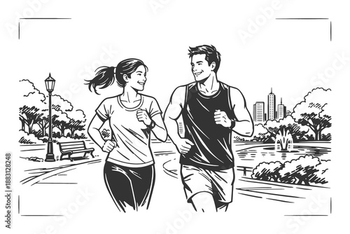 Happy young man and woman jogging together in a city park, vintage hand-drawn line art engraving style vector illustration for healthy lifestyle theme.