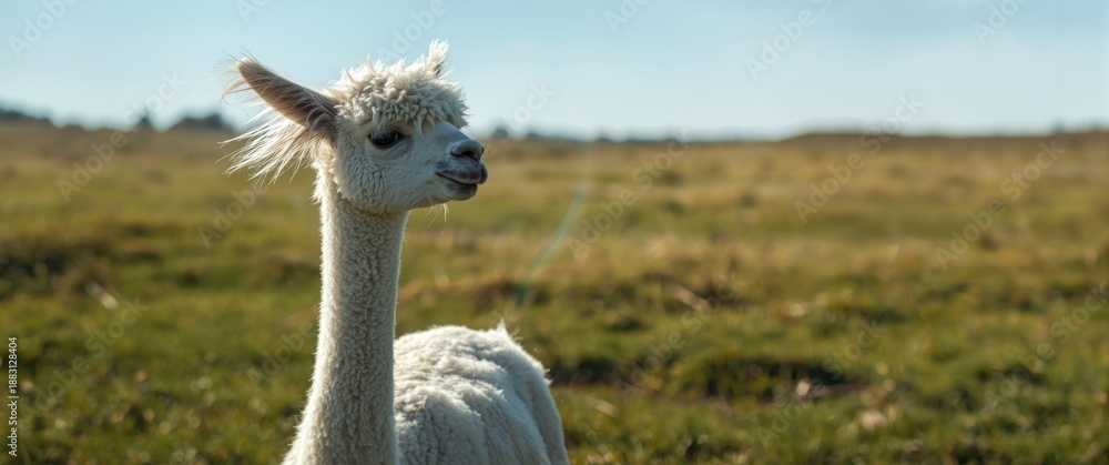 Fototapeta premium Alpaca with white fur on green grass, looking into the distance