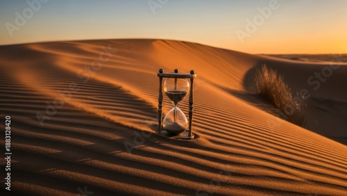 An hourglass in desert dunes, where the wind blows the sand, symbolizes the passage of time and the countdown to a deadline. AI generated.
