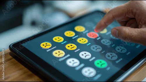 A close up video clip showing a hand tapping various emoji buttons on a tablet screen. The scene is well lit, focusing on the interaction with the app.