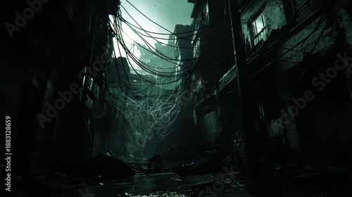 A dark urban scene with tangled power lines in the city