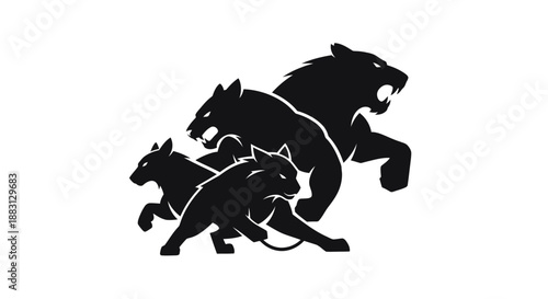 Dynamic Silhouette of Three Ferocious Predators: Roaring Wild Animal Pack Vector Illustration