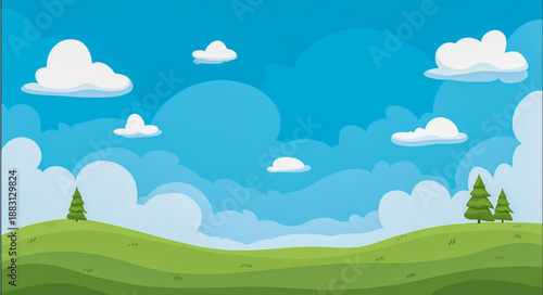 Cartoon green landscape with blue sky and white clouds, in the style of a cartoon style, vector illustration, simple design, cute background for children's book cover.