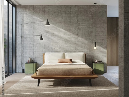 Modern luxury bedroom interior in minimal scandinavian style, 3d render