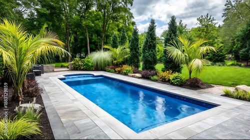 Wallpaper Mural A serene backyard swimming pool surrounded by lush greenery and trees on a cloudy day with a tranquil atmosphere and rectangular pool design. Torontodigital.ca