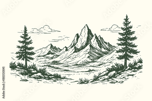 Majestic sharp mountain peaks with pine trees in the foreground and clouds, vintage hand-drawn line art engraving vector illustration for adventure theme.