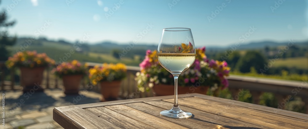 Naklejka premium Summer morning scene with a glass of white wine on rustic table, flower pots, and vineyard hills in the background