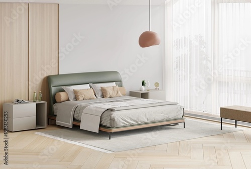 Modern luxury bedroom interior in minimal scandinavian style, 3d render