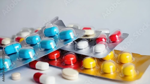 A dynamic video clip showcasing various colorful pills and capsules arranged on a surface. The camera performs a static shot with slight zoom to highlight the details of the medication.