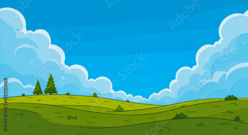 Cartoon green landscape with blue sky and white clouds, in the style of a cartoon style, vector illustration, simple design, cute background for children's book cover.