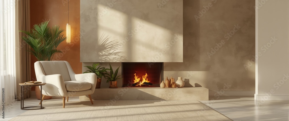 Fototapeta premium Room interior layout with a chair and potted plants