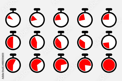 A grid of stopwatches displaying different stages of completion, symbolizing time management and progress tracking.