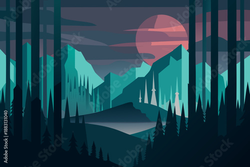 Abstract dark landscape with turquoise mountains and pink sunset in a forest