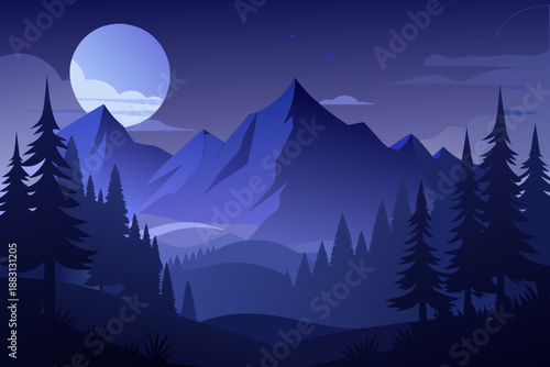 Minimal Dark Forest Landscape with Deep Blue Moonlit Mountains and Pine Trees