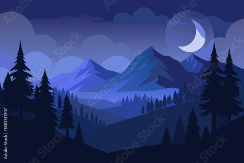 Minimal dark forest landscape with deep blue mountains and a bright moon at night