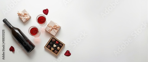 Romantic Valentine's Day Background Featuring Wine, Gift Box, Glasses, and Chocolates - Minimal Creative Art, Top View