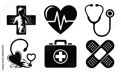 Set bundle world health day silhouette medical symbols for healthcare