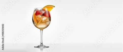 Strawberry and pear Sangria alcoholic cocktail with ice in wine glass isolated on white