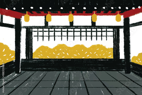 3D illustration of a festive wooden crib and chair set in a cozy home nursery interior featuring a brown fireplace with chinese new year decorations and gifts